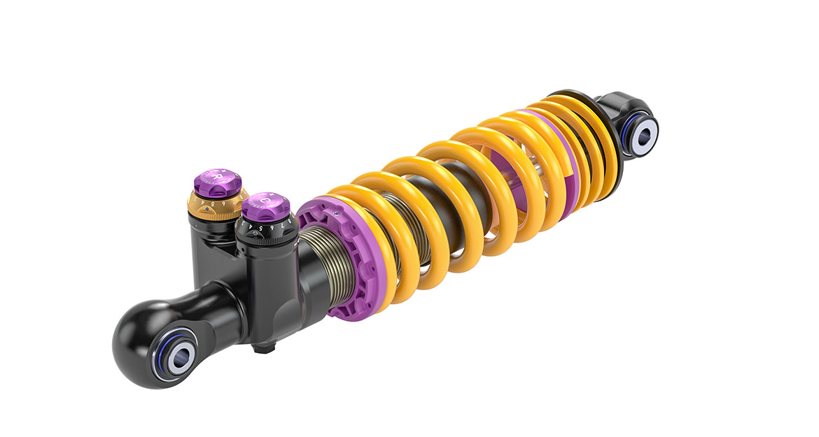The adjustable low-speed range of the piston rod speed influences typical movements such as steering, braking and accelerating, while road irregularities such as bumps and grooves stimulate the high-speed range.