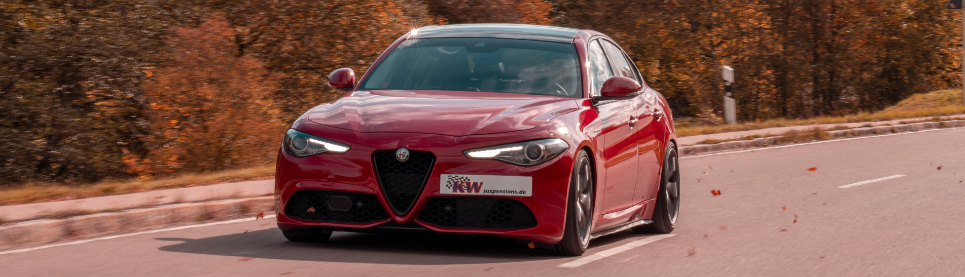 KW Variant 3 coilover suspension in an Alfa Romeo Giulia Veloce with four-wheel drive on the country road.
