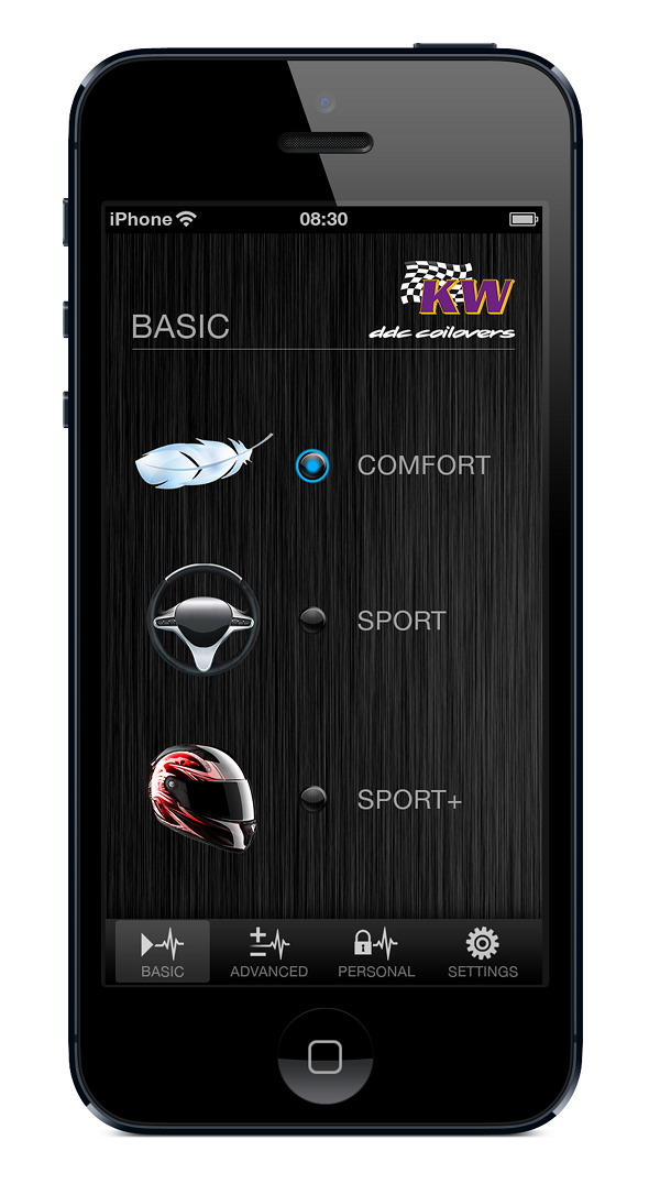 Via the KW DDC App, the setting of the damper characteristics is carried out continuously from 0% (maximum comfort identification) up to 100% (maximum Sport+ identification) 